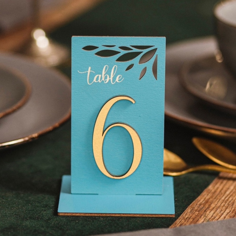 Wooden Table Numbers 1-7 Standing, Handmade, Blue and Gold, for Events/ Weddings - Picture 2 of 9